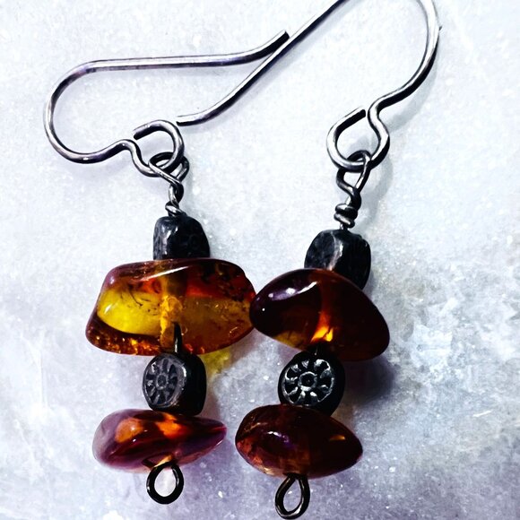 OOAK Silver 925 Earrings Artisan Made Cognac Amber Dangle Earrings Wire Hooks - Picture 1 of 6